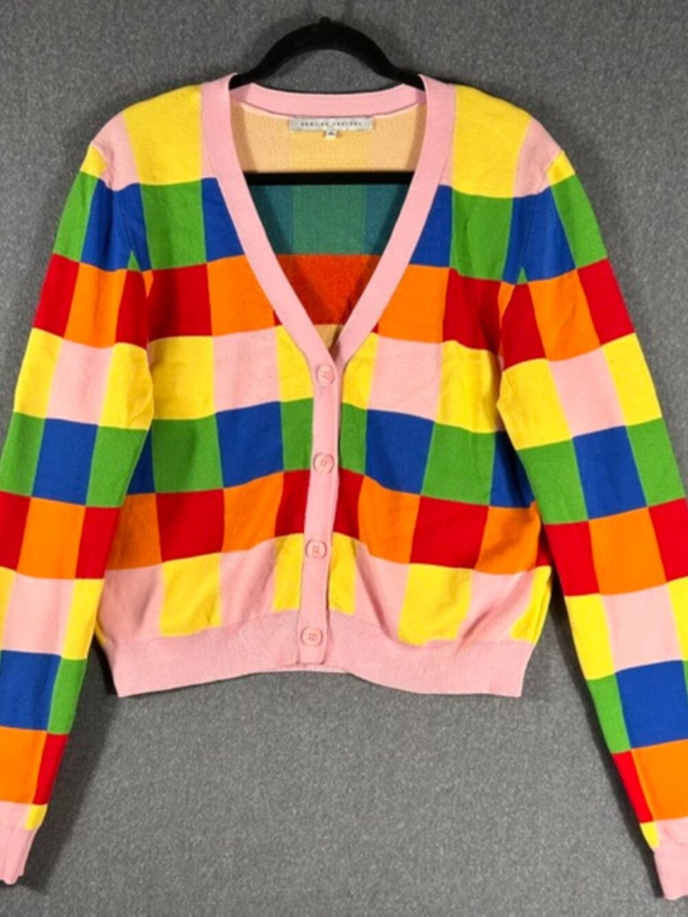 English Factory Rainbow Checkered Button Cardigan Womens Sz XL Colorful Soft EUC